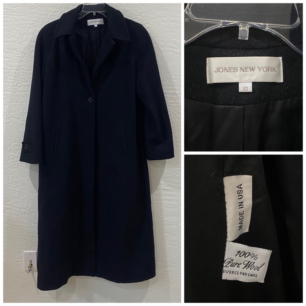 Vintage Black long 100% pure wool overcoat jacket by Jones New York sz 10 S/M - Picture 6 of 9